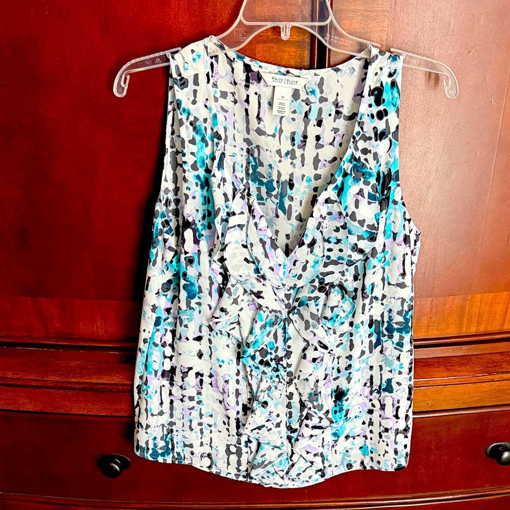 White House Black Market Abstract Print Blouse - Blue, Black, lavender, White